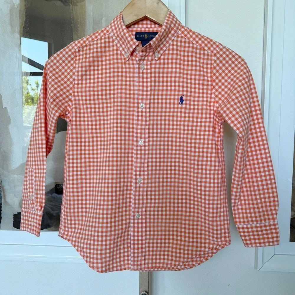 Ralph Lauren Boys Orange Gingham Long Sleeve Button-Up Size 7 Casual Spring
